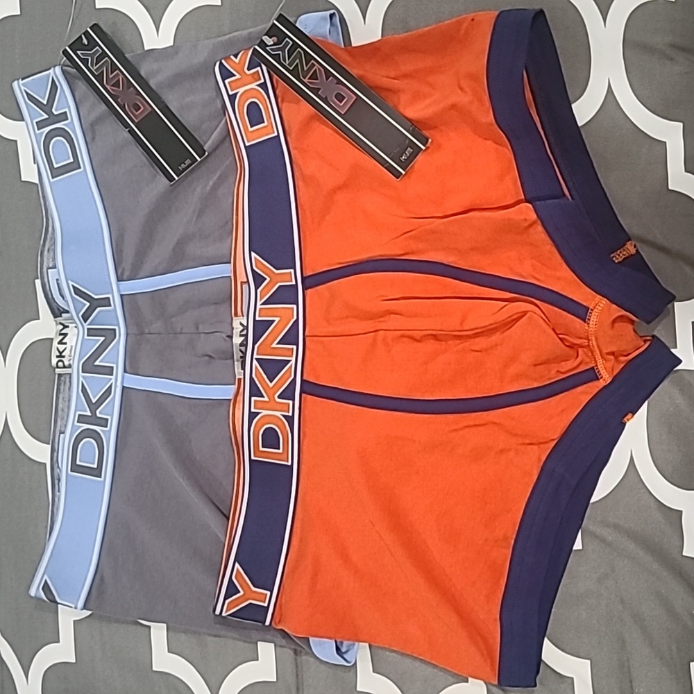 NWT Mens DKNY Stretch Boxer Trunks (2 PK) Blue/Gray & Orange/Navy Sz: L